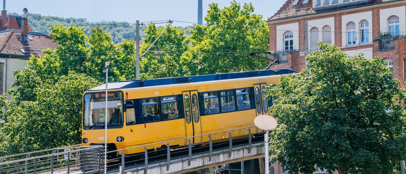 Gelbe Zahnradbahn fährt auf einer erhöhten Schiene durch eine grüne, städtische Umgebung mit Bäumen und Backsteingebäuden., © Thomas Niedermüller Gelbe Zahnradbahn fährt auf einer erhöhten Schiene durch eine grüne, städtische Umgebung mit Bäumen und Backsteingebäuden., © Thomas Niedermüller