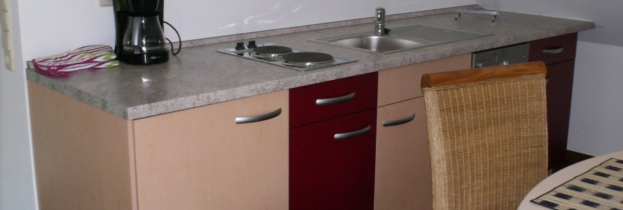 Kompakte Küche mit Kaffeemaschine, Spüle, Herdplatte und Geschirrspüler. Ein runder Tisch mit geflochtenem Stuhl und Platzsets ist sichtbar., © Weinhof am Württemberg Kompakte Küche mit Kaffeemaschine, Spüle, Herdplatte und Geschirrspüler. Ein runder Tisch mit geflochtenem Stuhl und Platzsets ist sichtbar., © Weinhof am Württemberg