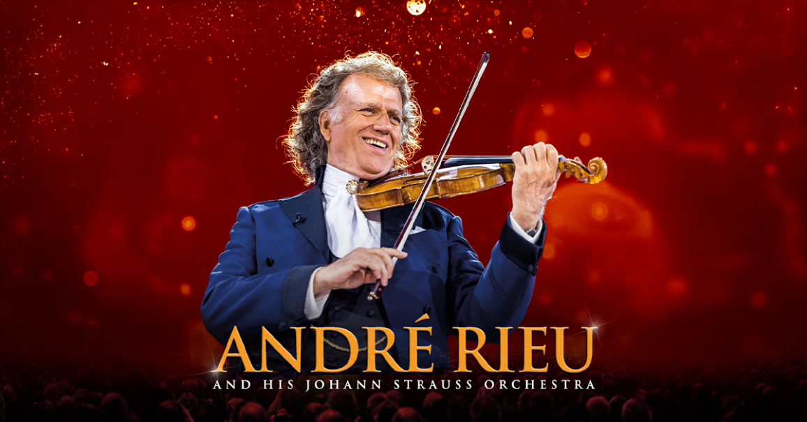Andr&eacute; Rieu spielt Geige mit einem L&auml;cheln vor einem funkelnden roten Hintergrund. Der Text darunter k&uuml;ndigt seine Tour mit dem Johann Strauss Orchester an., &copy; links im Bild