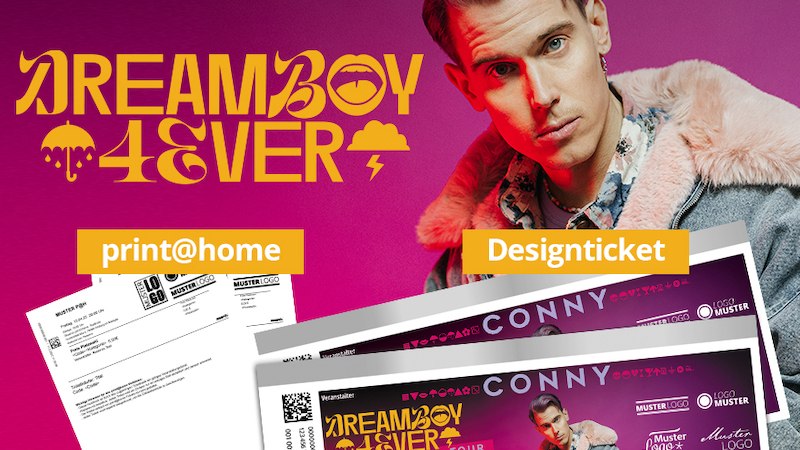 Werbung für Connys 'Dreamboy 4ever' Tour mit Ticketoptionen: print@home und Designticket. Hintergrund in Pink, Person mit Jacke im Vordergrund., © clubCANN - Stuttgarter Jugendhaus gGmbH Werbung für Connys 'Dreamboy 4ever' Tour mit Ticketoptionen: print@home und Designticket. Hintergrund in Pink, Person mit Jacke im Vordergrund., © clubCANN - Stuttgarter Jugendhaus gGmbH