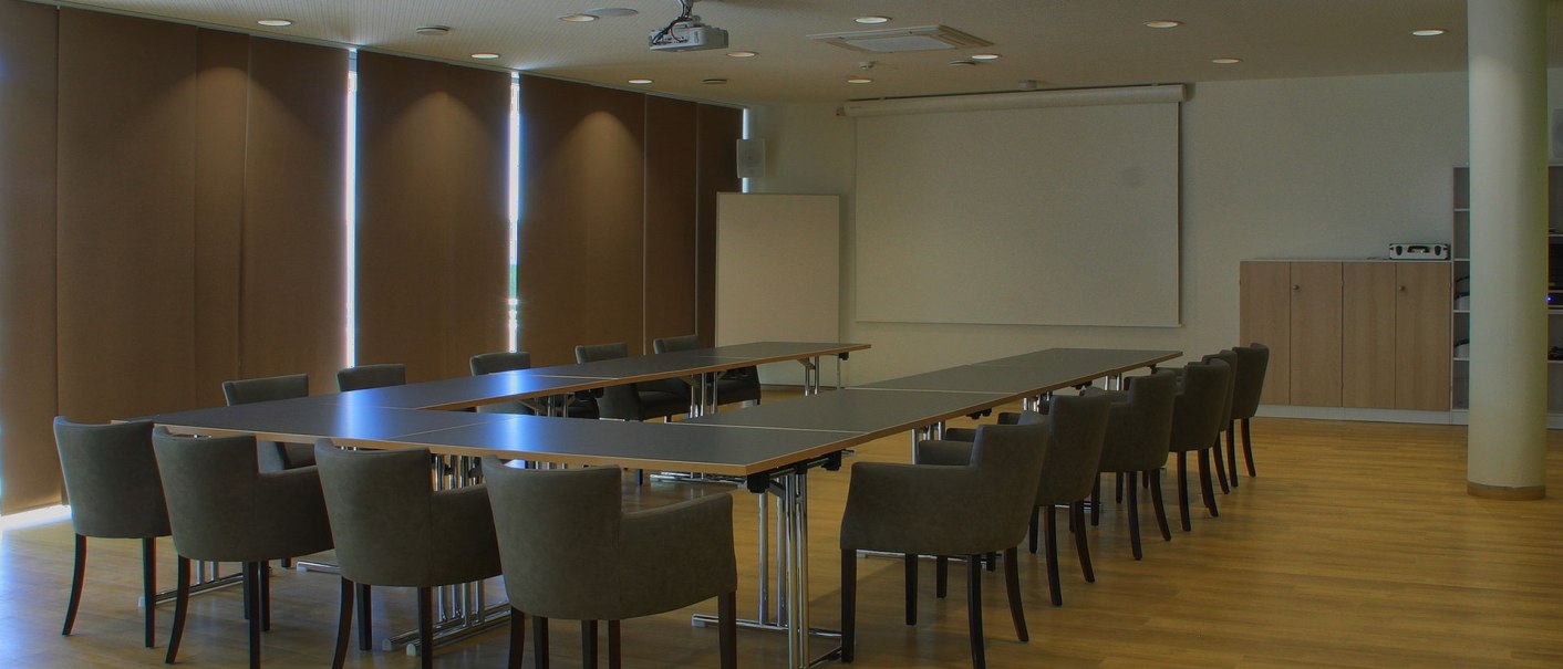 An empty conference room with a U-shaped table surrounded by upholstered chairs. A projector hangs from the ceiling and there is a screen., © TOMAS
