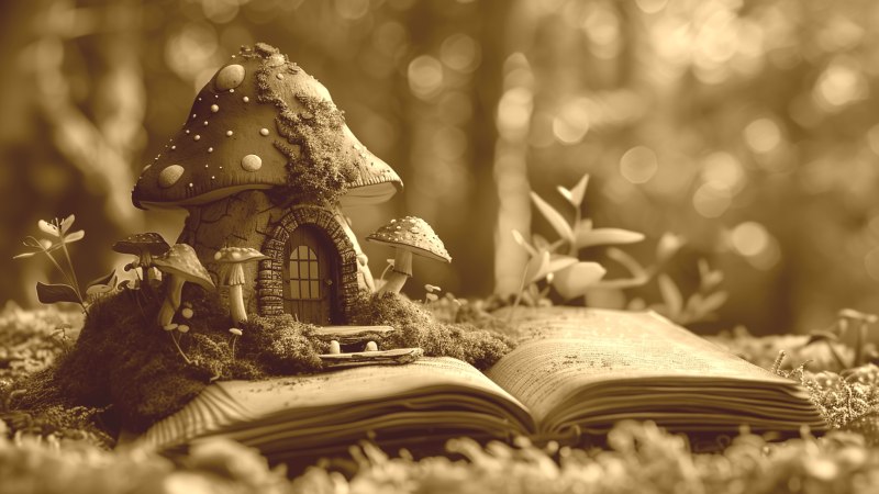 Ein offenes M&auml;rchenbuch im Wald, aus dem ein kleines Pilzhaus w&auml;chst. Umgeben von Pflanzen und weichem Licht, wirkt es magisch und einladend., &copy; storybook-house; popmelon &uuml;ber pixabay