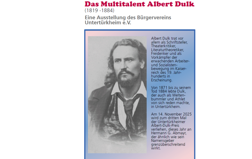 Plakat zur Ausstellung über Albert Dulk mit Foto und Text über sein Leben als Schriftsteller und Sozialistenführer im 19. Jahrhundert., © Archiv Enslin