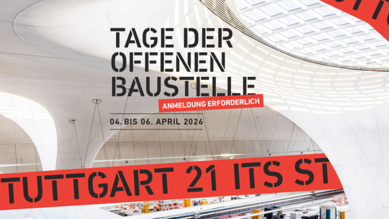 Moderne Baustelle mit wei&szlig;en Strukturen und Lichtaugen. Text informiert &uuml;ber Tage der offenen Baustelle vom 04. bis 06. April 2026, Anmeldung erforderlich., &copy; InfoTurmStuttgart