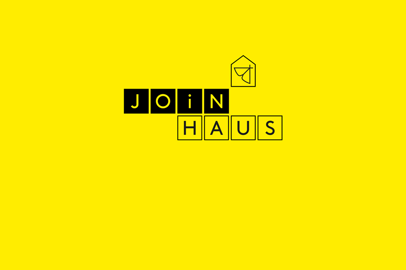 Logo with the lettering 'JOIN HAUS' in black and white letters on a yellow background. A small house symbol is integrated., &copy; W&uuml;rttembergische Staatstheater Stuttgart