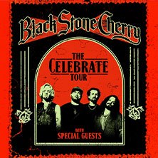 Poster der Band Black Stone Cherry f&uuml;r 'The Celebrate Tour' mit Special Guests. Rotes und schwarzes Design mit Bandfoto., &copy; links im Bild