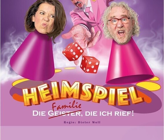 Theaterplakat mit schwebenden K&ouml;pfen und W&uuml;rfeln, Titel 'Heimspiel &ndash; die Familie, die ich rief'. Humorvolle Darstellung in lebhaften Farben., &copy; Theaterhaus Stuttgart e.V.