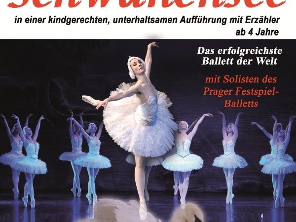 Plakat für 'Schwanensee', ein kindgerechtes Ballett mit Erzähler. Tänzerinnen in weißen Kostümen, Schwan im Vordergrund. Aufführung ab 4 Jahren., © Go 2 - Convent GmbH Plakat für 'Schwanensee', ein kindgerechtes Ballett mit Erzähler. Tänzerinnen in weißen Kostümen, Schwan im Vordergrund. Aufführung ab 4 Jahren., © Go 2 - Convent GmbH