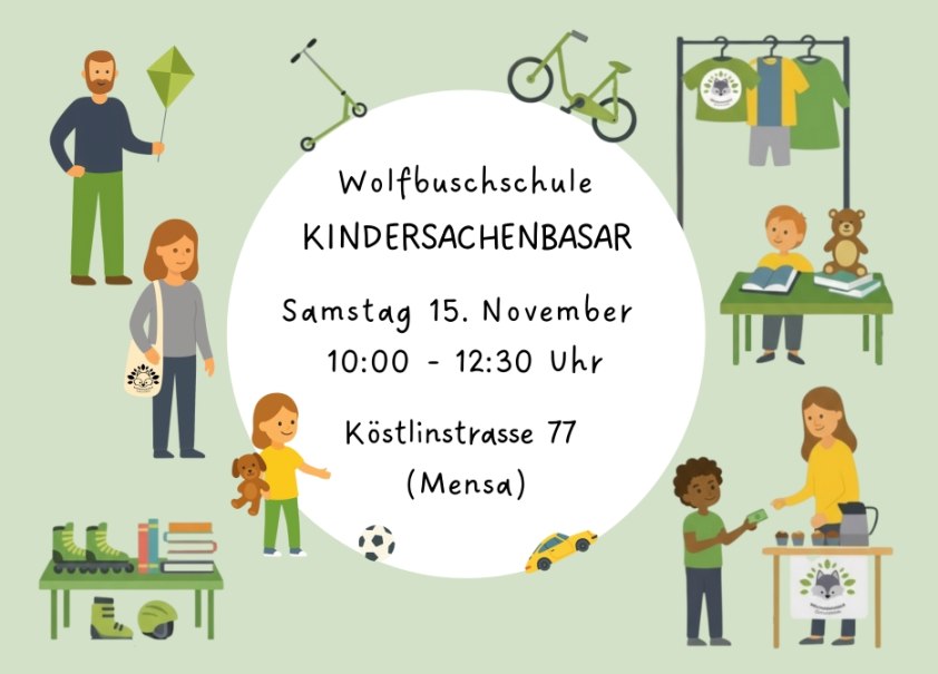Einladungsbanner für den Kindersachenbasar an der Wolfbuschschule am 15. November, 10:00-12:30 Uhr, Köstlinstrasse 77. Illustrationen von Menschen und Spielzeug., © Daniëlle Peschar-Schouten Einladungsbanner für den Kindersachenbasar an der Wolfbuschschule am 15. November, 10:00-12:30 Uhr, Köstlinstrasse 77. Illustrationen von Menschen und Spielzeug., © Daniëlle Peschar-Schouten