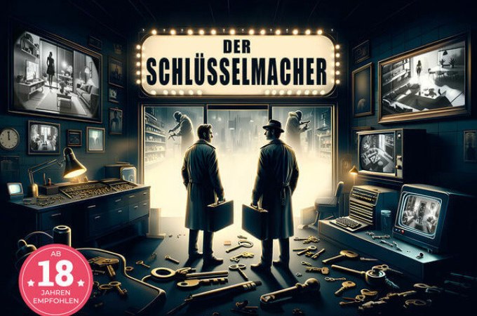 Two men in coats stand in a room full of keys. A sign above them reads 'The Key Maker'. Surveillance cameras are visible., © TeamEscape Stuttgart Two men in coats stand in a room full of keys. A sign above them reads 'The Key Maker'. Surveillance cameras are visible., © TeamEscape Stuttgart