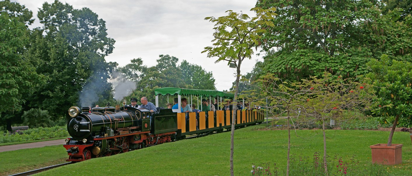 Eine kleine Dampflokomotive zieht bunte Waggons durch einen grünen Park mit Bäumen und Blumen., © Andreas Pucka Eine kleine Dampflokomotive zieht bunte Waggons durch einen grünen Park mit Bäumen und Blumen., © Andreas Pucka