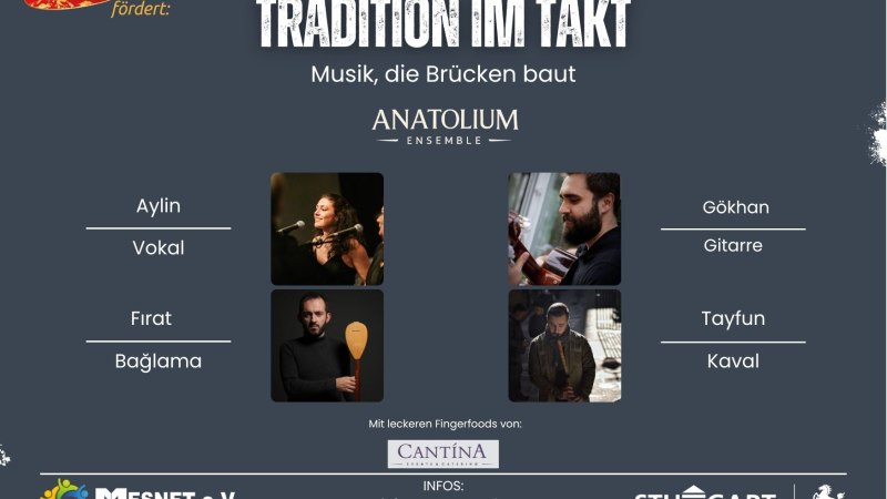 Werbeposter für das Konzert 'Tradition im Takt' des Anatolium Ensembles mit Fotos der Musiker Aylin, Fırat, Gökhan und Tayfun sowie ihren Instrumenten., © Mesnet e. V.