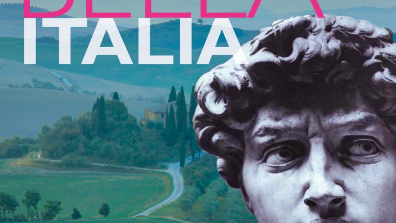 Eine Collage zeigt eine italienische Landschaft mit Zypressen und eine berühmte Statue im Vordergrund. Der Text "Bella Italia" ist darübergelegt., © Claudia Lahr