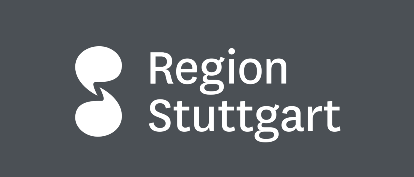 Logo of the Stuttgart Region with a stylized symbol on the left and the lettering 'Region Stuttgart' in white on a grey background., © SMG