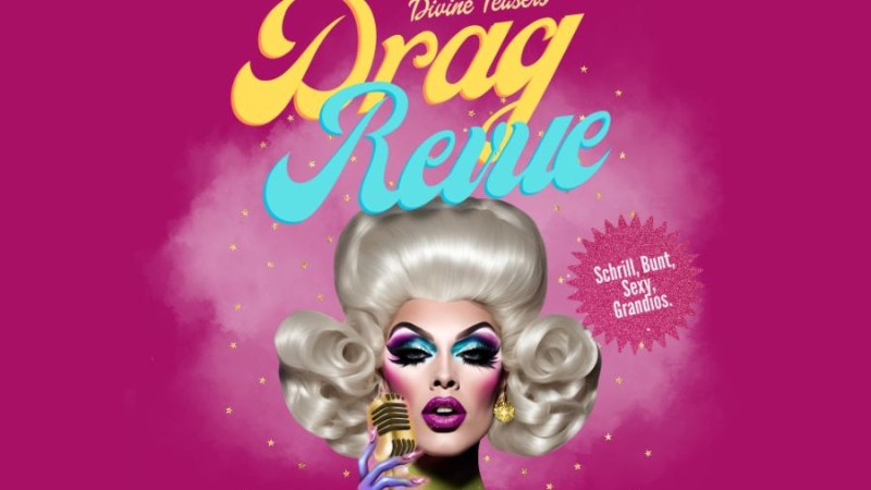 Plakat f&uuml;r 'The Divine Teasers Drag Revue' mit einer glamour&ouml;sen Drag Queen vor pinkem Hintergrund. Text: 'Schrill, Bunt, Sexy, Grandios'., &copy; Fruedrichsbau Variet&eacute;