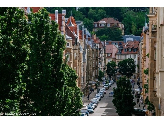 Straße in Stuttgart mit historischen Gebäuden, Bäumen und parkenden Autos. Im Hintergrund sind grüne Hügel und weitere Häuser zu sehen., © Stuttgart Marketing GmbH