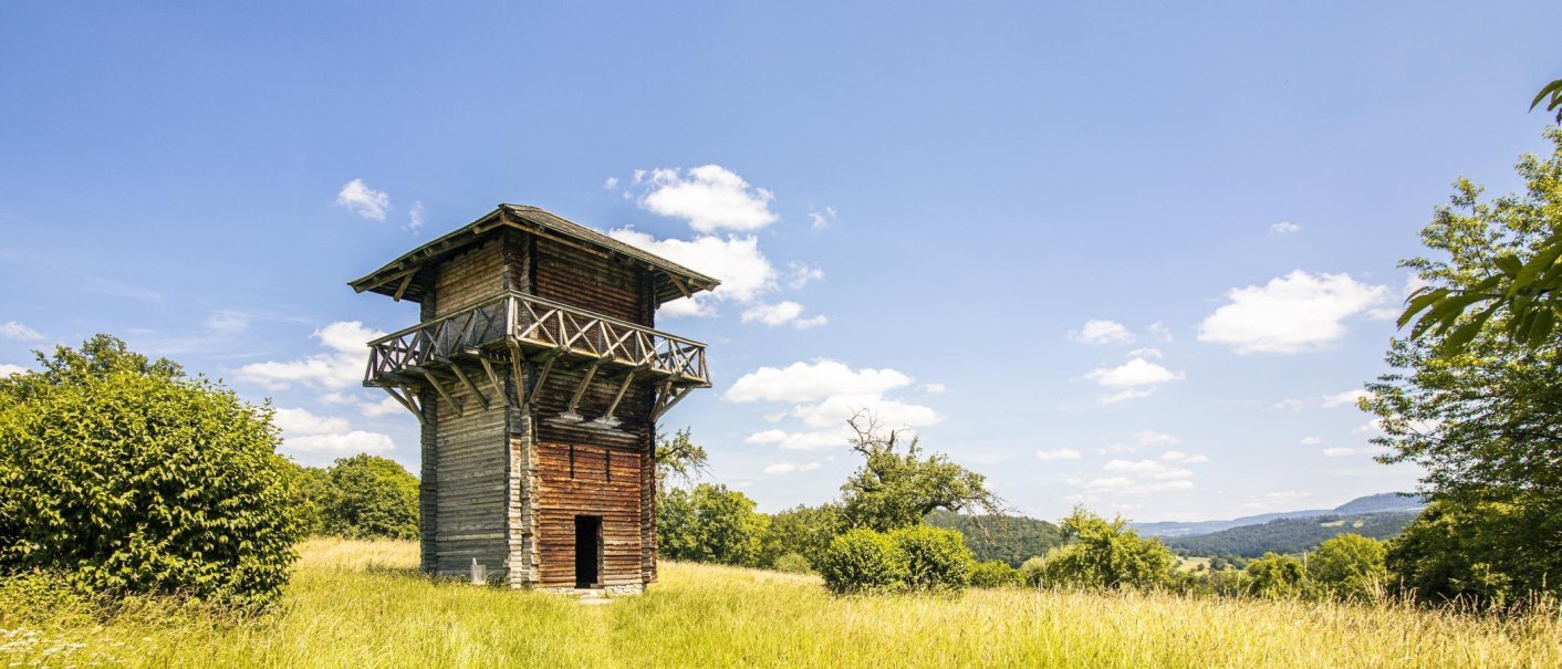 A wooden watchtower in a green meadow under a clear sky. The tower is surrounded by trees, and the landscape stretches out in the background., © SMG Stuttgart Marketing GmbH - Sarah Schmid A wooden watchtower in a green meadow under a clear sky. The tower is surrounded by trees, and the landscape stretches out in the background., © SMG Stuttgart Marketing GmbH - Sarah Schmid