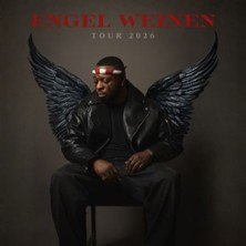A man with black angel wings and a leather jacket sits on a chair. Above him is written 'Engel Weinen Tour 2026'., &copy; see on the left