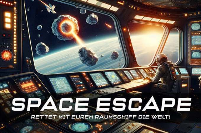 An astronaut in the spaceship cockpit observes asteroids and an explosion in space. Text: 'SPACE ESCAPE - Save the world with your spaceship!, © TeamEscape Stuttgart An astronaut in the spaceship cockpit observes asteroids and an explosion in space. Text: 'SPACE ESCAPE - Save the world with your spaceship!, © TeamEscape Stuttgart