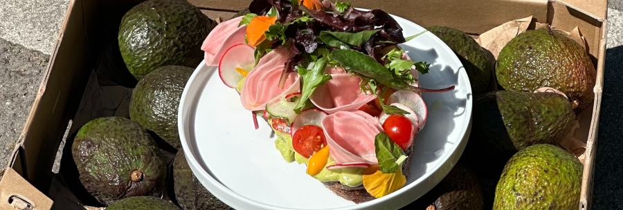 A sandwich with vegetables and lettuce on a plate, surrounded by avocados in a box., © Kaleya, Stuttgart A sandwich with vegetables and lettuce on a plate, surrounded by avocados in a box., © Kaleya, Stuttgart