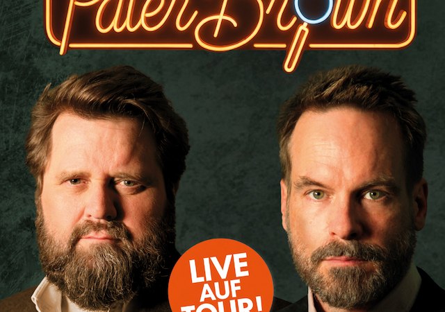 Poster for the live radio play 'Father Brown' with two men in the foreground. Text: 'Known from 'Ein Fall f&uuml;r Zwei' and 'Live auf Tour!, &copy; Theaterhaus Stuttgart e.V.