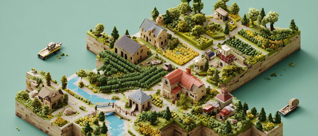 Eine detaillierte Miniatur-Landschaft mit H&auml;usern, Feldern und B&auml;umen auf einer schwebenden Plattform, umgeben von Wasser., &copy; Symbolbild, KI-generiert