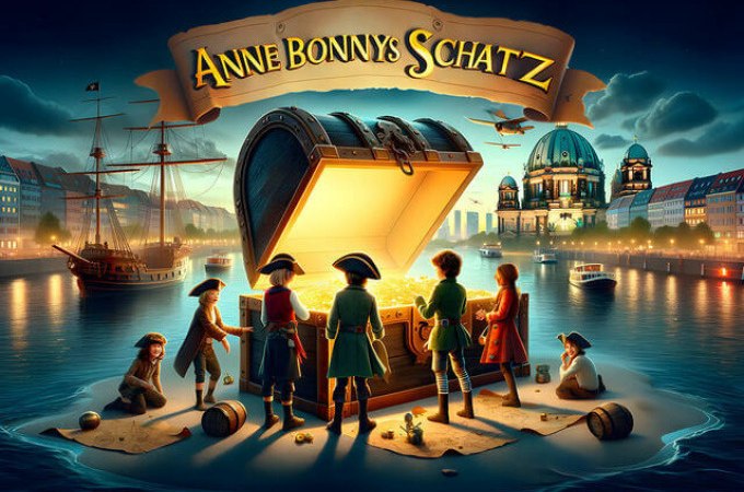 Kinder in Piratenkostümen stehen um eine leuchtende Schatztruhe auf einer kleinen Insel. Im Hintergrund sind Schiffe und eine Stadt zu sehen., © TeamEscape Stuttgart