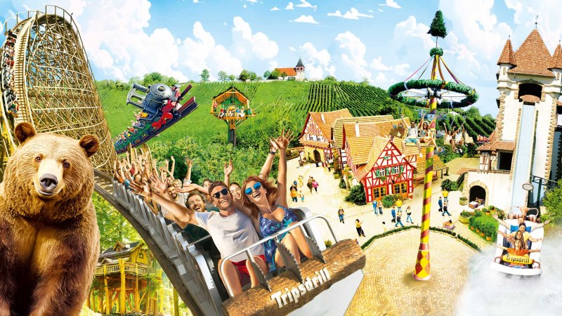Collage of attractions at Tripsdrill amusement park: roller coaster, bear, water slide and happy visitors in a traditional setting., © Erlebnispark Tripsdrill GmbH & Co. KG Collage of attractions at Tripsdrill amusement park: roller coaster, bear, water slide and happy visitors in a traditional setting., © Erlebnispark Tripsdrill GmbH & Co. KG
