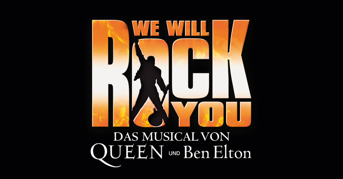 Logo des Musicals 'We Will Rock You' mit einer Gitarristensilhouette und den Namen Queen und Ben Elton., &copy; links im Bild
