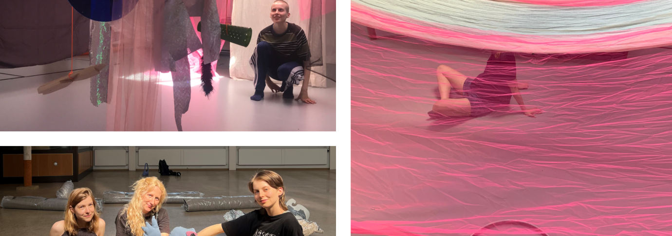 Collage aus drei Bildern: Personen in künstlerischen Installationen mit bunten Stoffen und Objekten. Eine Gruppe sitzt mit einer Puppe auf dem Boden., © Alexandra Haas & Lynn Scheidweiler