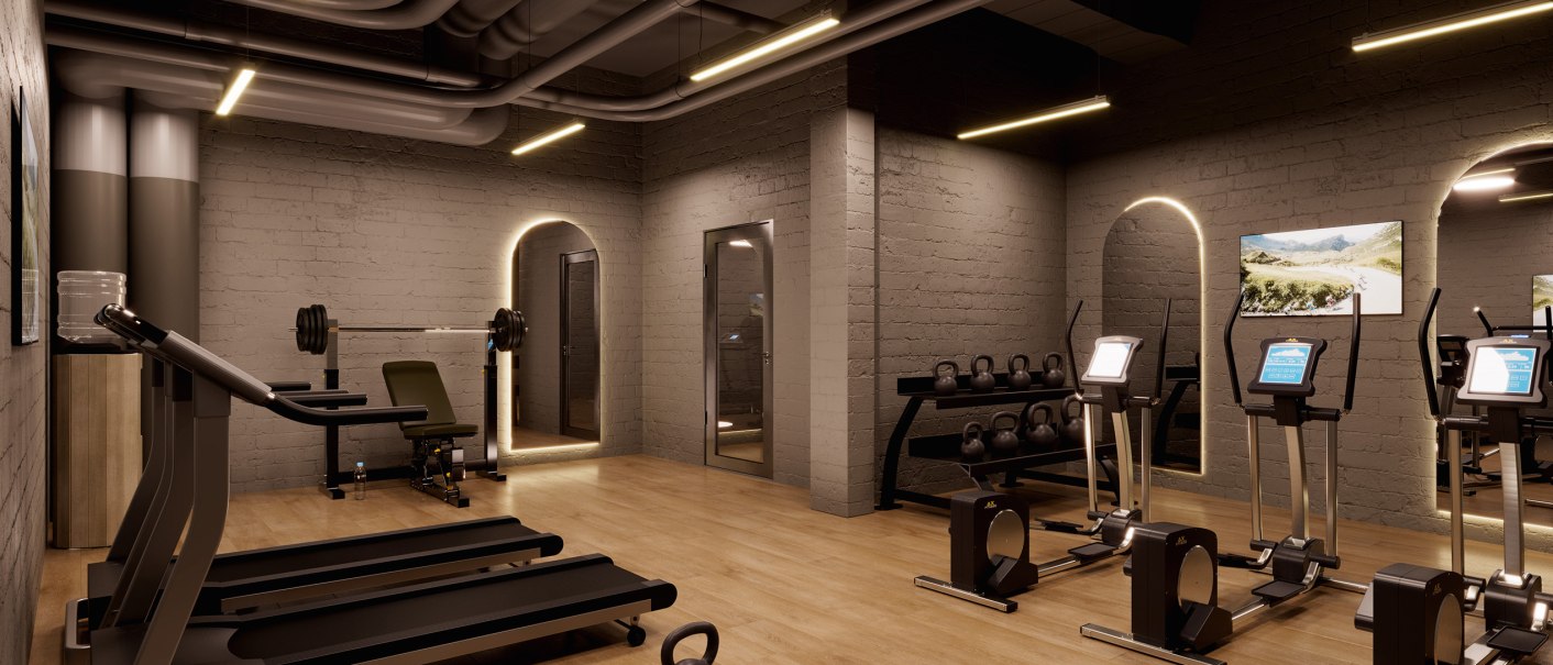 Moderner Fitnessraum mit Laufbändern, Hanteln, Trainingsgeräten und Spiegeln auf Holzboden. Die Beleuchtung ist warm und die Wände sind dunkelgrau., © Scandic Hotels Moderner Fitnessraum mit Laufbändern, Hanteln, Trainingsgeräten und Spiegeln auf Holzboden. Die Beleuchtung ist warm und die Wände sind dunkelgrau., © Scandic Hotels