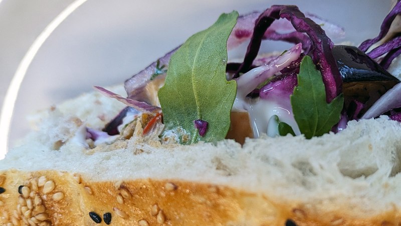 Nahaufnahme eines Kebaps mit Sesambrot, Rotkohl, Rucola und Sauce. Frische Zutaten sind sichtbar., &copy; SMG