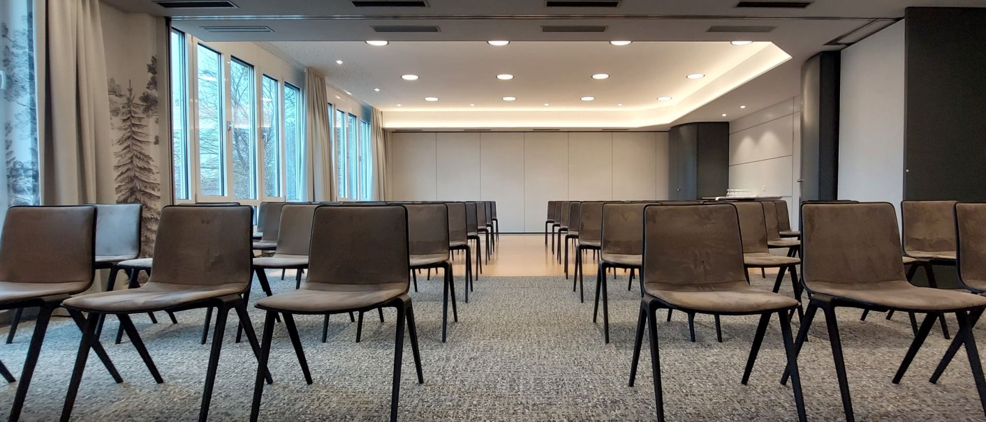 Empty conference room with rows of chairs, large windows and a bright ceiling with lights., © Erikson Hotel