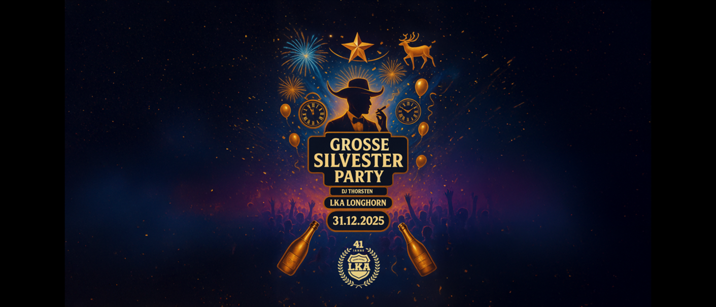 Ein Poster für die große Silvesterparty 2025 im LKA Longhorn mit DJ Thorsten. Feuerwerk, Ballons und eine Menschenmenge sind abgebildet., © Timo Fielker Ein Poster für die große Silvesterparty 2025 im LKA Longhorn mit DJ Thorsten. Feuerwerk, Ballons und eine Menschenmenge sind abgebildet., © Timo Fielker