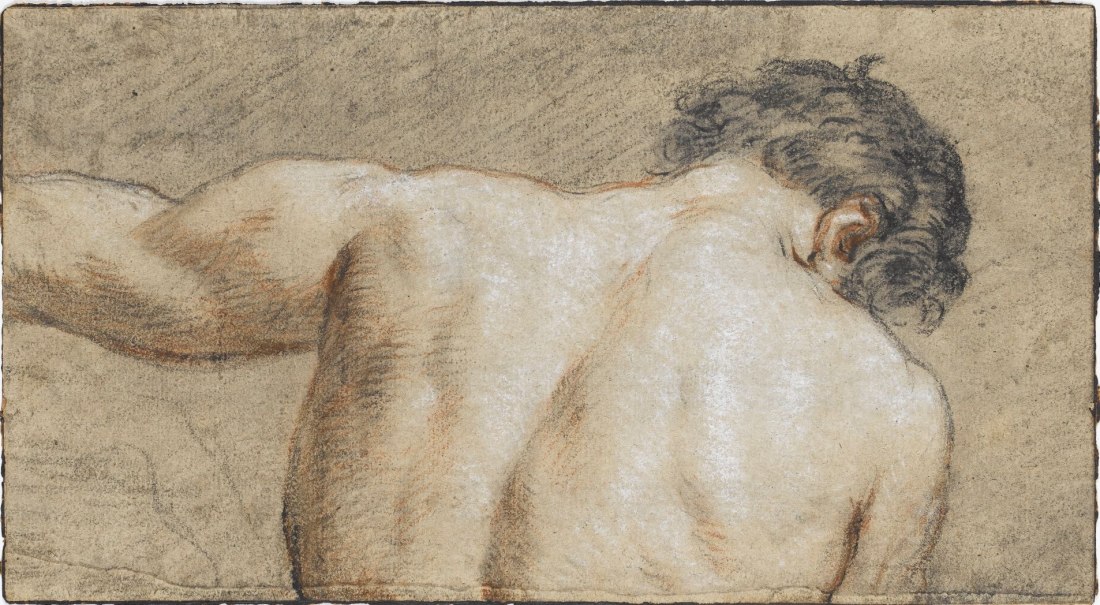 Zeichnung eines männlichen Rückens mit ausgestrecktem linken Arm, detailliert und in natürlichen Farben gehalten. Kunstwerk von Michel-François Dandré-Bardon., © Staatsgalerie Stuttgart Zeichnung eines männlichen Rückens mit ausgestrecktem linken Arm, detailliert und in natürlichen Farben gehalten. Kunstwerk von Michel-François Dandré-Bardon., © Staatsgalerie Stuttgart