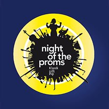 Logo der Night of the Proms mit einer Orchester-Silhouette vor einem gelben Kreis auf blauem Hintergrund., &copy; links im Bild