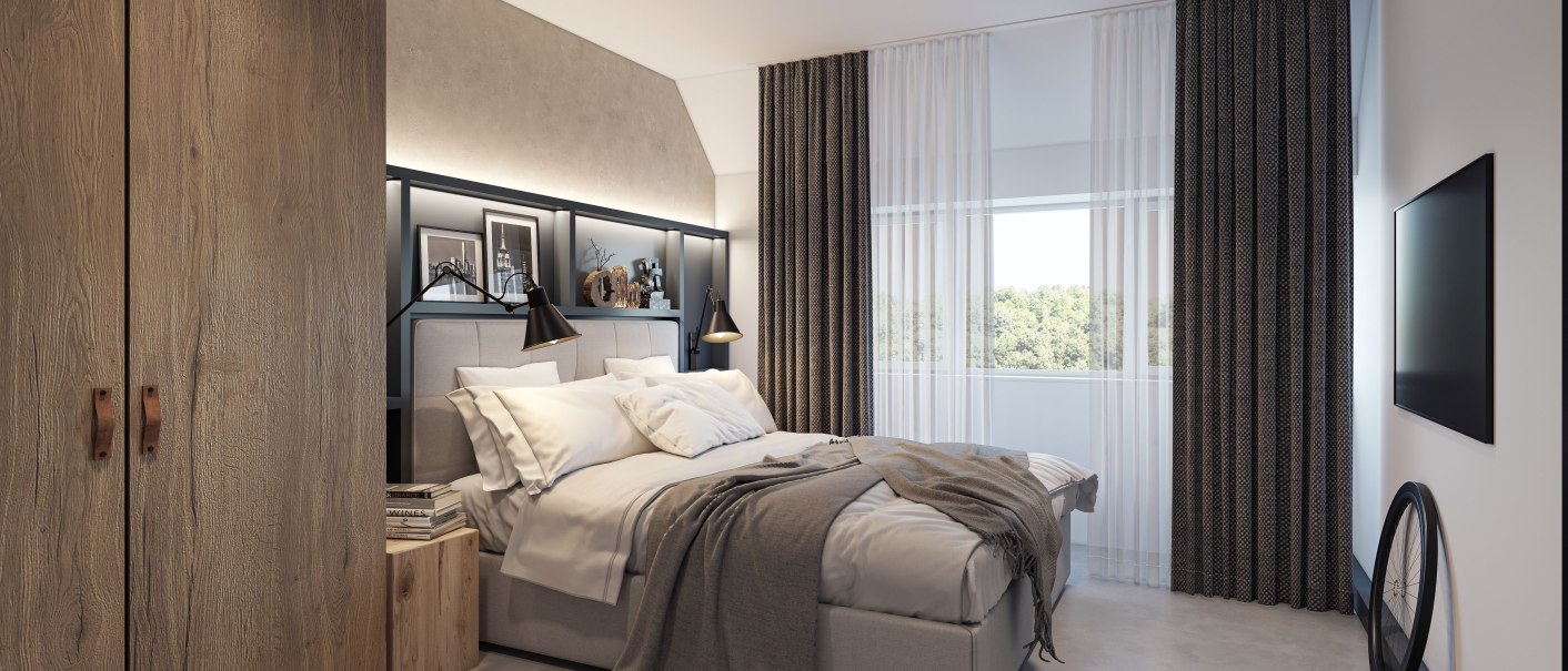 Modernes Schlafzimmer mit Doppelbett, Holzm&ouml;beln, Wandbildern und gro&szlig;em Fenster mit Vorh&auml;ngen. Ein Fahrradreifen lehnt an der Wand., &copy; CLOUD N&deg;7 LOFTS