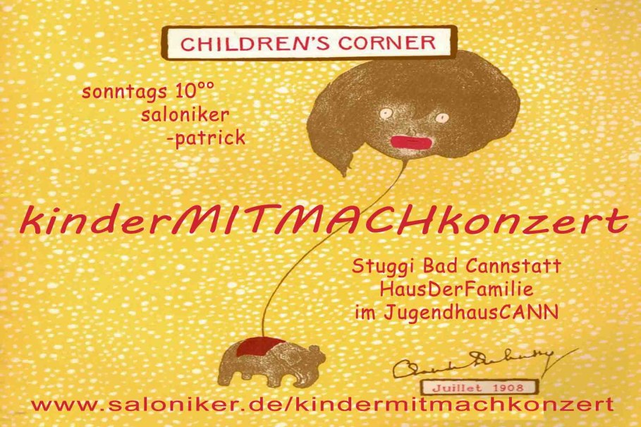 Plakat für ein kinderMITMACHkonzert in Bad Cannstatt. Gelber Hintergrund mit gezeichnetem Gesicht und Elefant. Infos: sonntags 10 Uhr, www.saloniker.de., © Saloniker