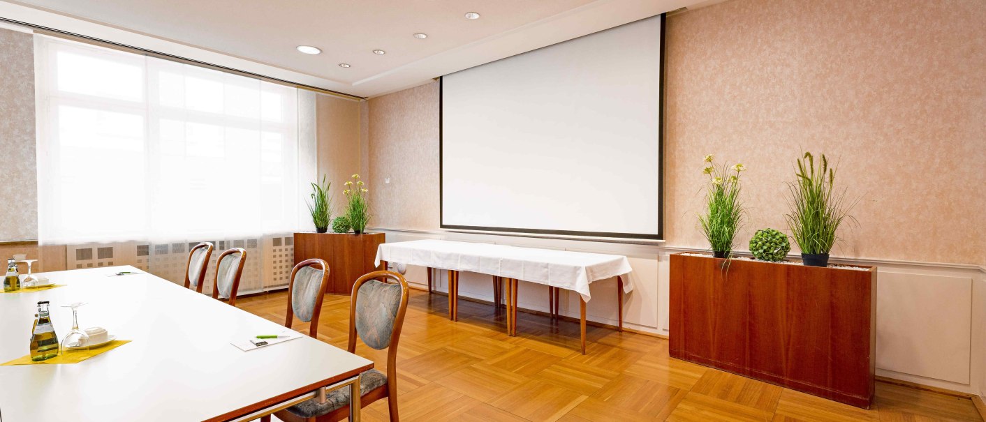 A bright conference room with a wooden floor, table and chairs. A large canvas hangs on the wall, with plants on a cupboard next to it., &copy; Hotel Wartburg