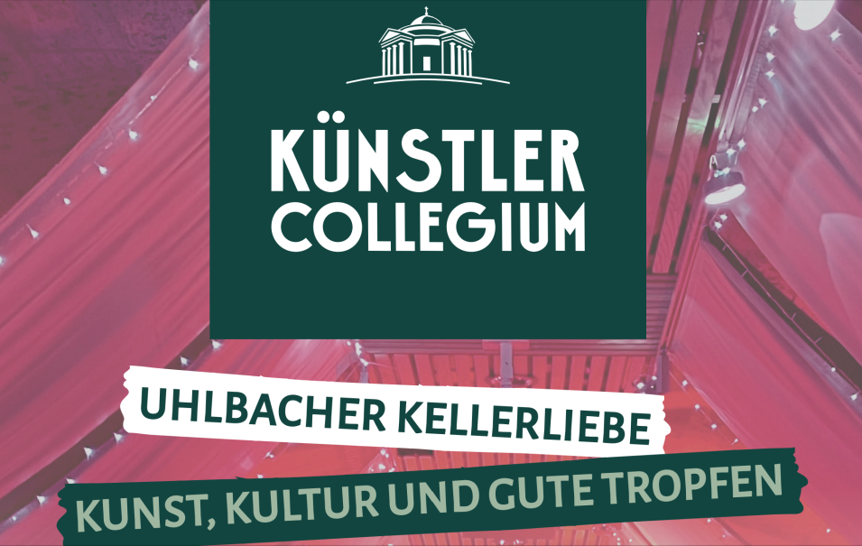 Logo des KünstlerCollegiums mit Text 'Uhlbacher Kellerliebe' und 'Kunst, Kultur und gute Tropfen' auf rotem Hintergrund., © Collegium Wirtemberg Logo des KünstlerCollegiums mit Text 'Uhlbacher Kellerliebe' und 'Kunst, Kultur und gute Tropfen' auf rotem Hintergrund., © Collegium Wirtemberg