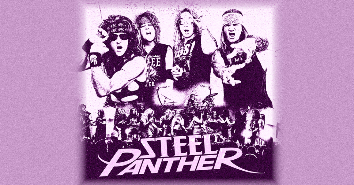 Lila Poster der Band Steel Panther mit Bandmitgliedern und Tour-Logo. Oben sind die Musiker in dynamischen Posen abgebildet, unten der Schriftzug "Steel Panther"., &copy; links im Bild