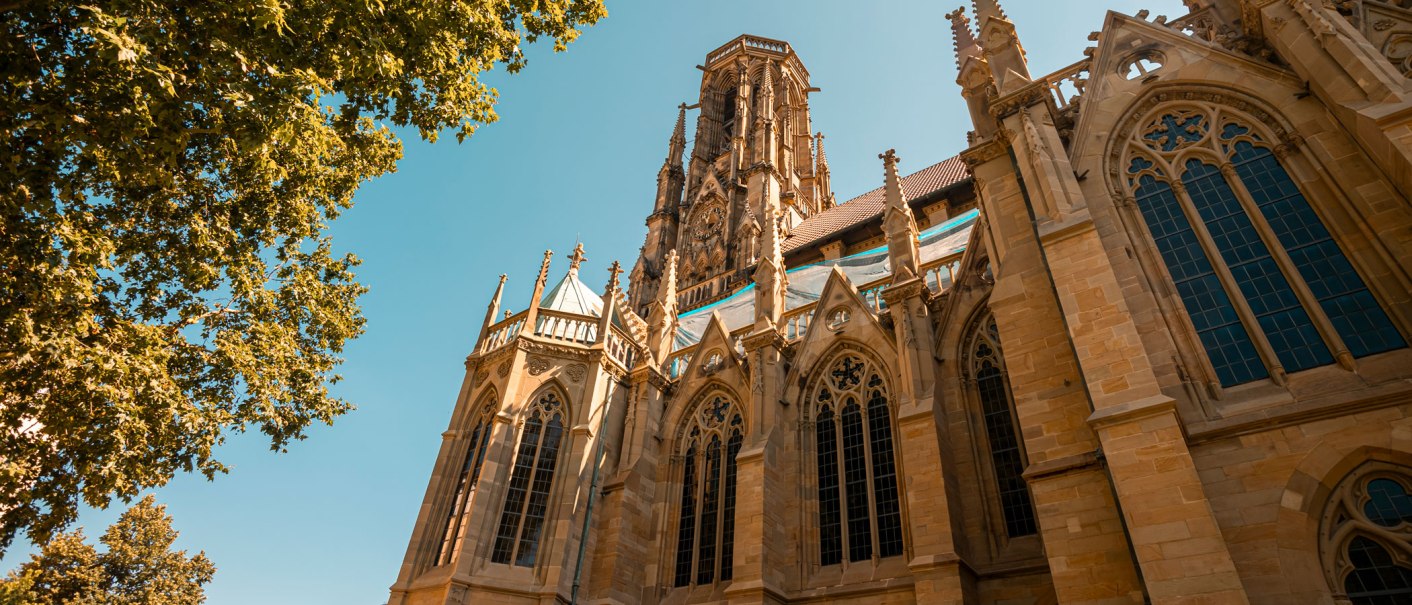 Die Johanneskirche in Stuttgart mit gotischer Architektur, umgeben von Bäumen und strahlend blauem Himmel., © SMG, Sarah Schmid