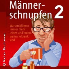 Illustration of a sick man with glasses, cup and handkerchief. Title: 'Men's cold 2'. Background in red., &copy; see on the left