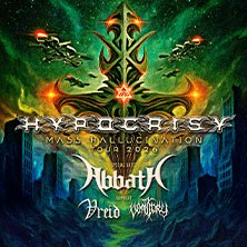 Futuristisches Poster der Hypocrisy Mass Hallucination Tour 2026 mit Bandnamen und einem mystischen, gr&uuml;nen Hintergrund., &copy; links im Bild
