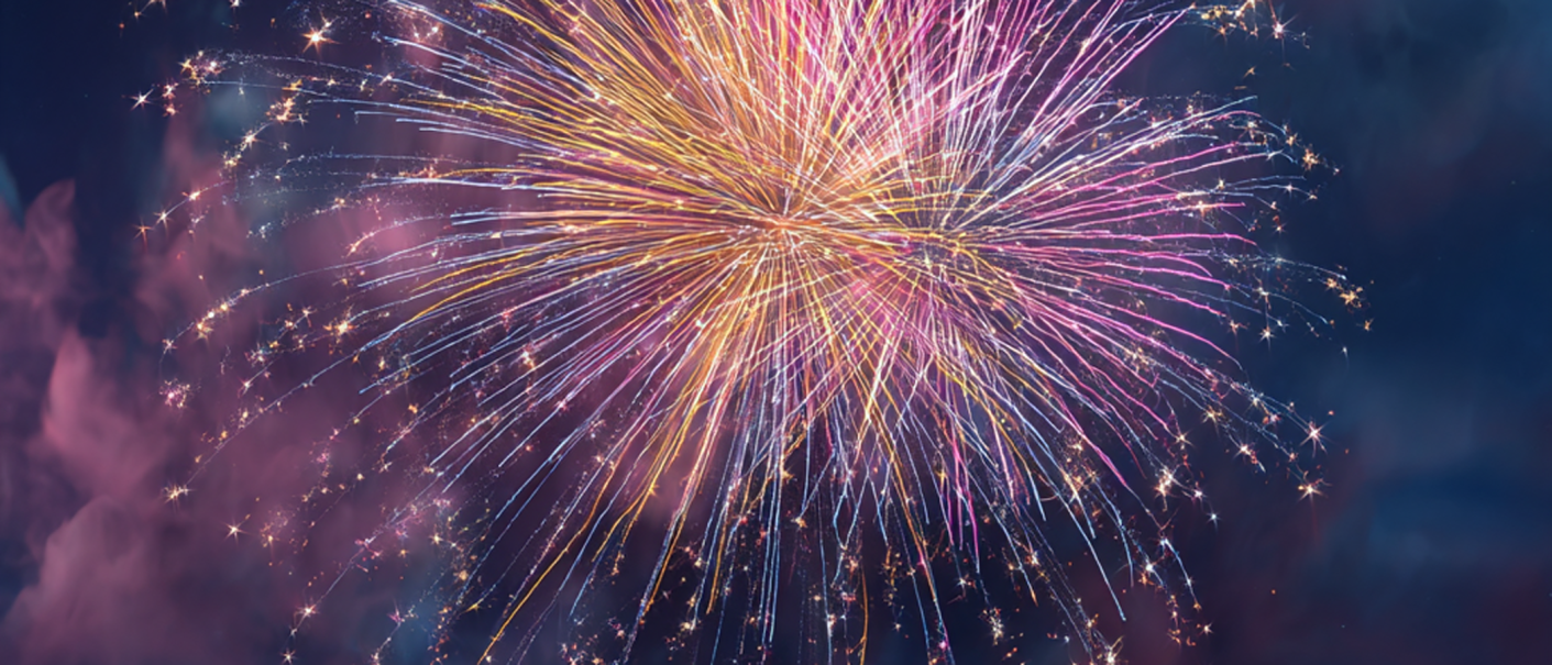 Buntes Feuerwerk am Nachthimmel, leuchtende Farben und funkelnde Lichter vor dunklem Hintergrund., © mit KI erstellt