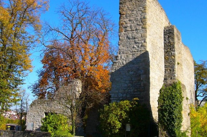Ruinen einer alten Steinburg umgeben von herbstlichen Bäumen unter klarem, blauem Himmel., © Cool-Tours StattReisen