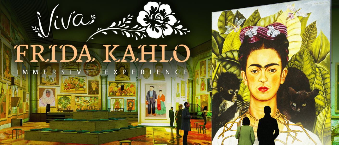 Immersive Ausstellung 'Viva Frida Kahlo' zeigt gro&szlig;formatige Projektionen ihrer Gem&auml;lde. Besucher betrachten die Kunstwerke in einem stimmungsvoll beleuchteten Raum., &copy; Alegria Exhibition