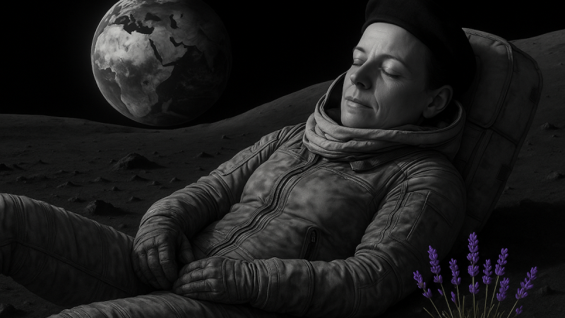 Ein Astronaut schl&auml;ft friedlich auf der Mondoberfl&auml;che. Im Hintergrund ist die Erde zu sehen, w&auml;hrend Lavendelbl&uuml;ten neben ihm wachsen., &copy; Fotocredit Theater La Lune Stuttgart