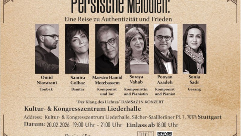 Plakat f&uuml;r 'Persische Melodien' Konzert in Stuttgart am 20.02.2026 mit K&uuml;nstlern wie Omid Niavarani und Samira Golbaz. Veranstaltungsort: Kultur- & Kongresszentrum Liederhalle., &copy; Gate of Nations GmbH
