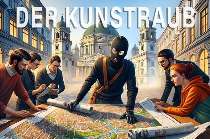 Eine maskierte Person und fünf andere planen einen Kunstraub mit einer großen Karte in einer urbanen Umgebung., © TeamEscape Stuttgart Eine maskierte Person und fünf andere planen einen Kunstraub mit einer großen Karte in einer urbanen Umgebung., © TeamEscape Stuttgart